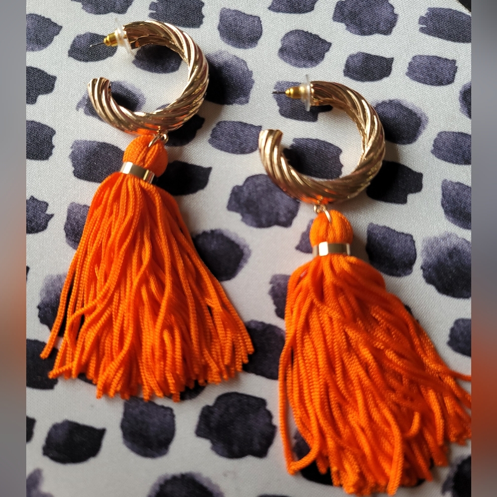 Gold Hoop Earrings With Fun Orange Fringe